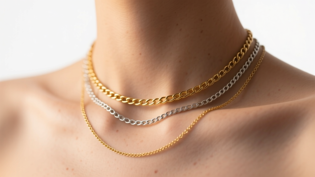 Close-up of a collarbone showing a 14-inch gold chain and 16-inch silver chain layered together under soft, warm studio lighting.