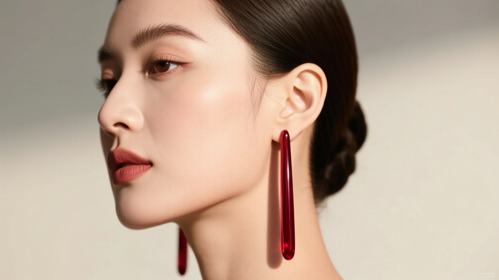 Side profile of a woman with a round face wearing elongated ruby drop earrings, showing how vertical lines elongate the jawline.