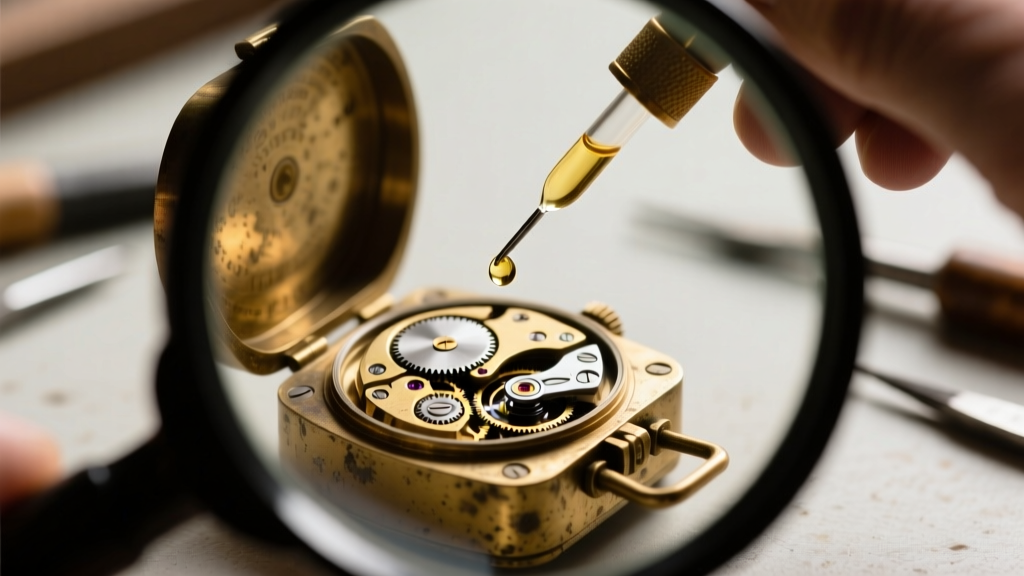 Jeweler using a fine oiler pin to apply watch oil to a stuck vintage brass box clasp mechanism, viewed under a magnifying loupe.