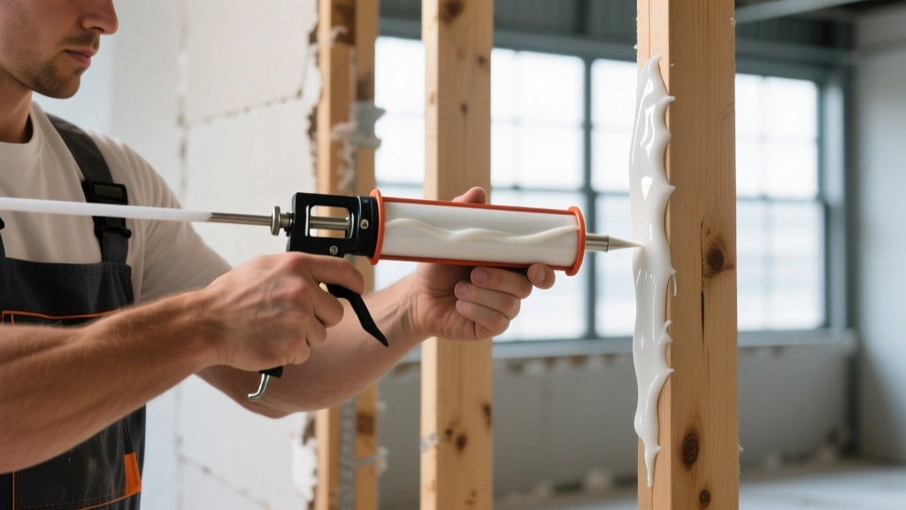 Worker applying a thick bead of white drywall adhesive from a caulking gun onto wooden studs before installing gypsum board