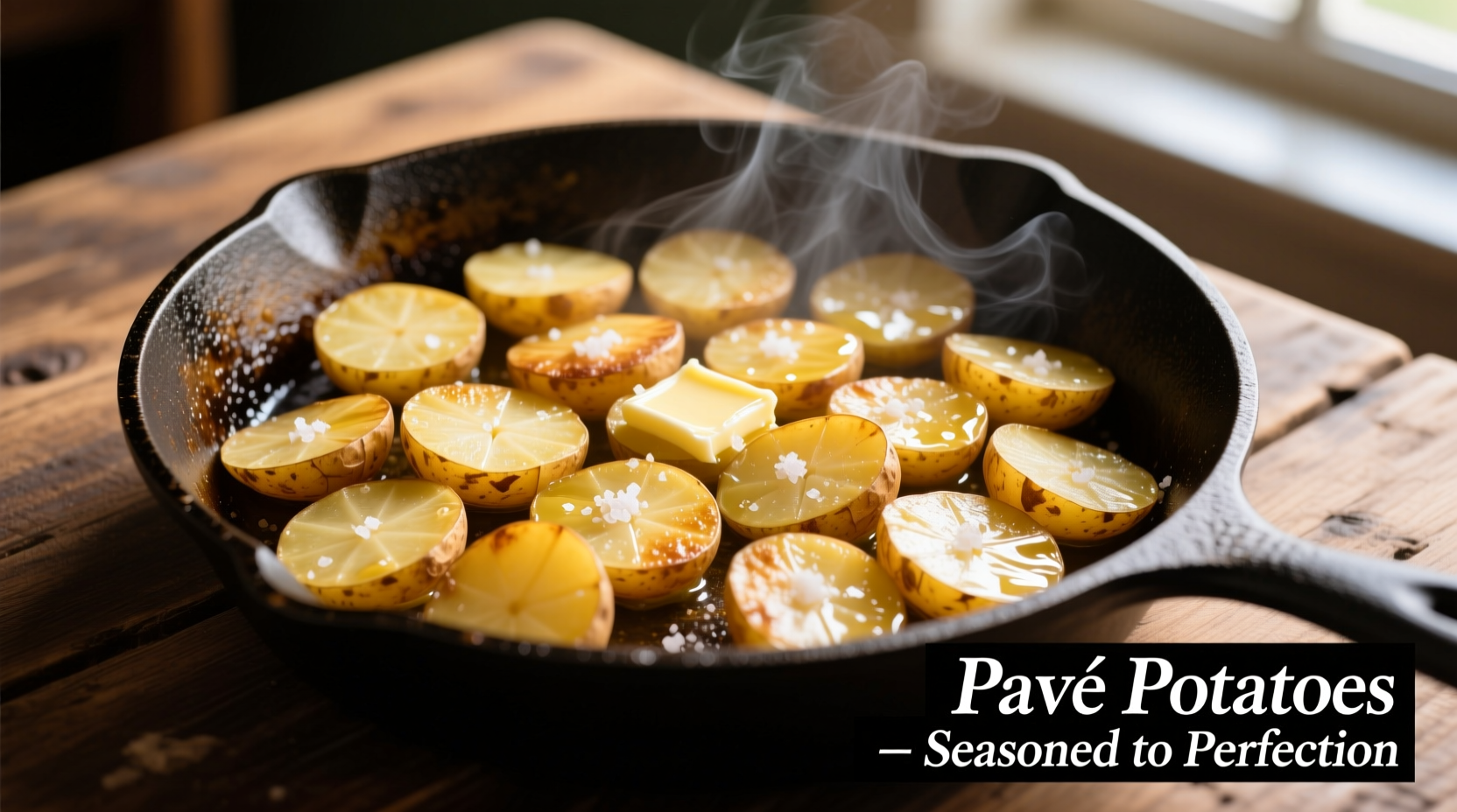 Golden pavé potatoes in cast iron skillet
