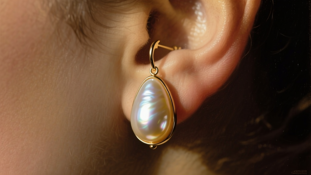 Close-up of a large 16mm teardrop pearl drop earring on a lobe, lit by soft chiaroscuro lighting like 17th-century Dutch art.