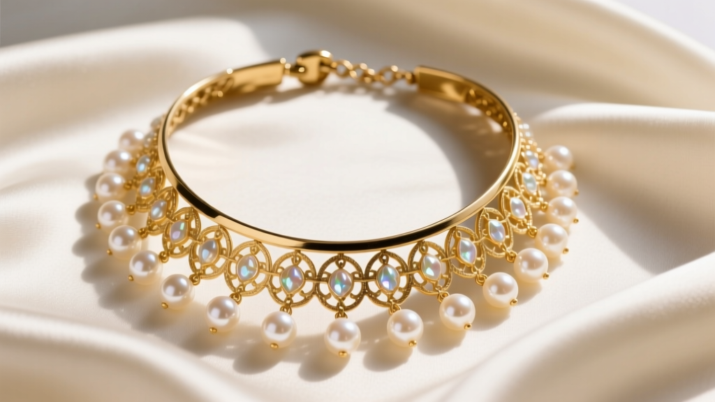 Flatlay of a vintage 1980s Liz Claiborne gold-tone collar necklace with glass pearls resting on a draped ivory silk background