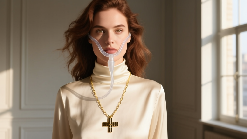 Woman wearing a layered BreatheFree breathing tube pendant over a cream turtleneck, paired with a delicate gold satellite chain