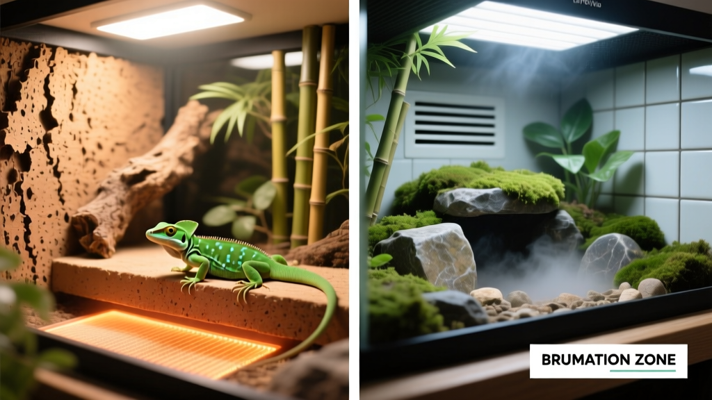 Side-by-side comparison showing warm basking zone and cool retreat area in a well-set-up FurPetVo habitat