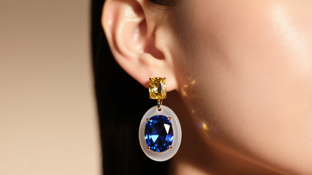 Close-up of earlobe wearing heavy gemstone drop earring supported by clear silicone cushion back, shot in warm studio lighting