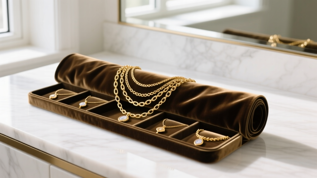 Velvet jewelry roll with separate compartments holding a multi layered necklace, resting on a clean white marble vanity countertop
