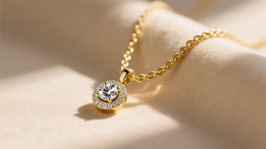 14k gold filled cable chain threaded through a small diamond Om pendant, resting on soft beige linen in warm natural sunlight