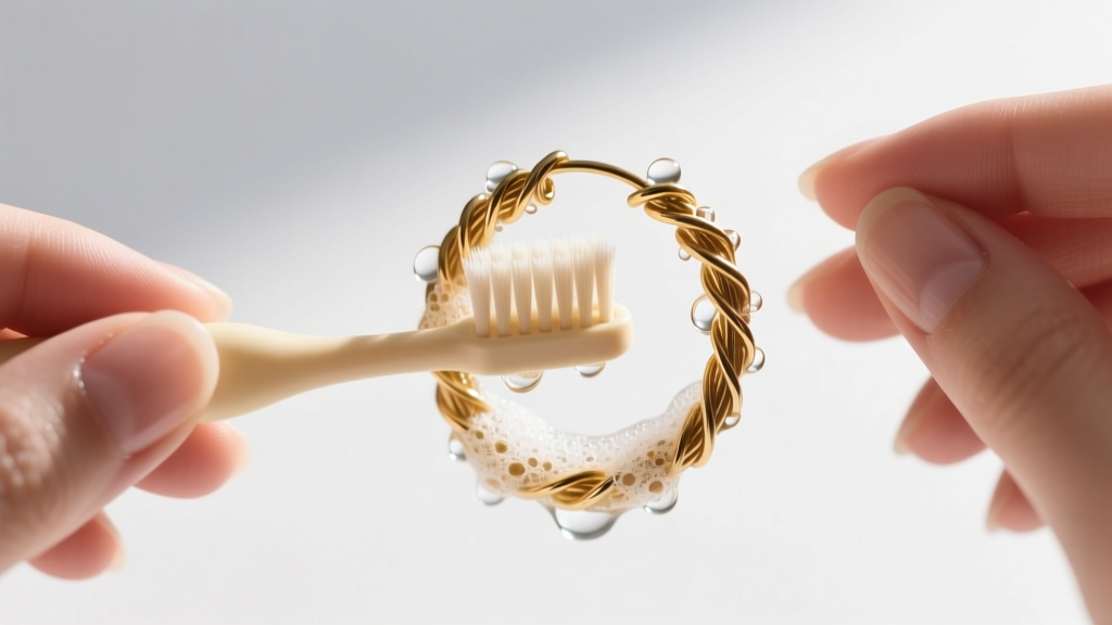 Hands using a soft-bristled baby toothbrush to gently scrub the crevices of a gold vermeil barbed wire hoop earring in soapy water