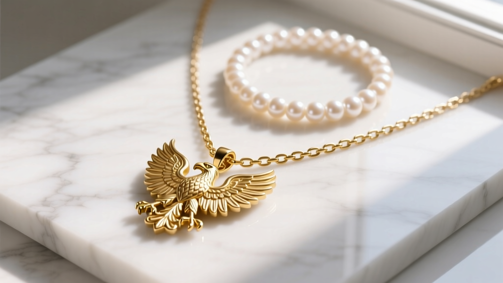 Flat lay of a 14k gold Polish eagle pendant layered with a figaro chain and pearl choker on a white marble surface.