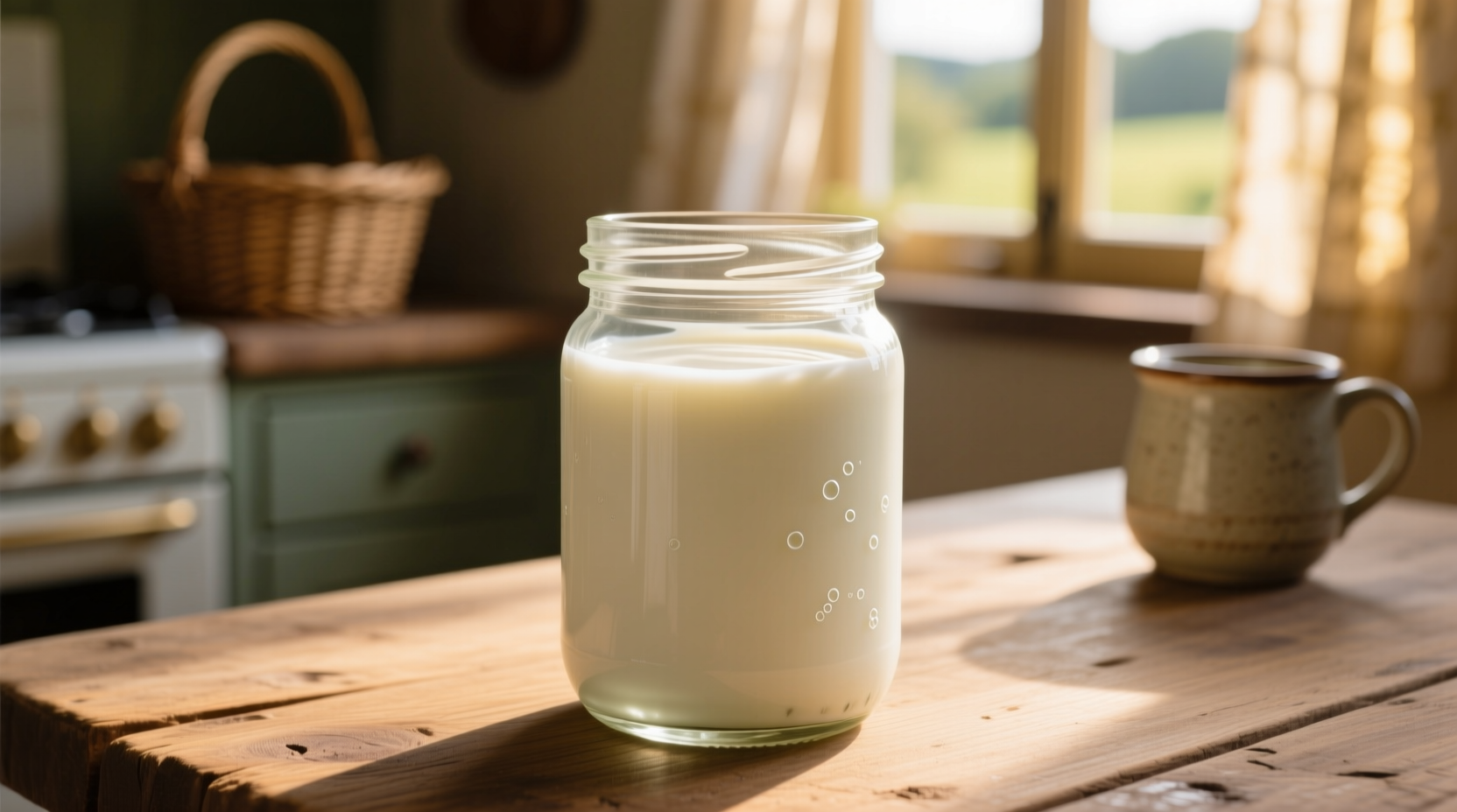 Fresh raw milk in glass jar with cream layer