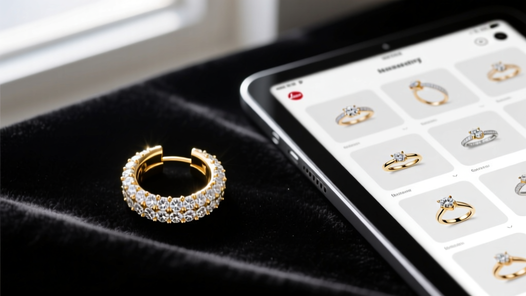 Overhead view of an 18k gold diamond huggie earring on black velvet next to a tablet showing a digital jewelry inventory app