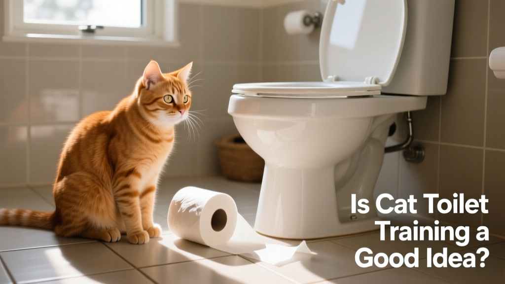 A curious cat sitting on the floor beside unrolled toilet paper, looking at the toilet