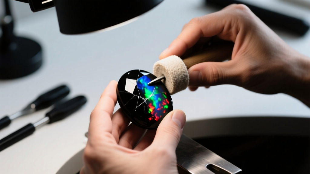 Jeweler using a soft muslin buffing wheel to gently polish a scratched black opal gemstone under bright, focused bench lighting