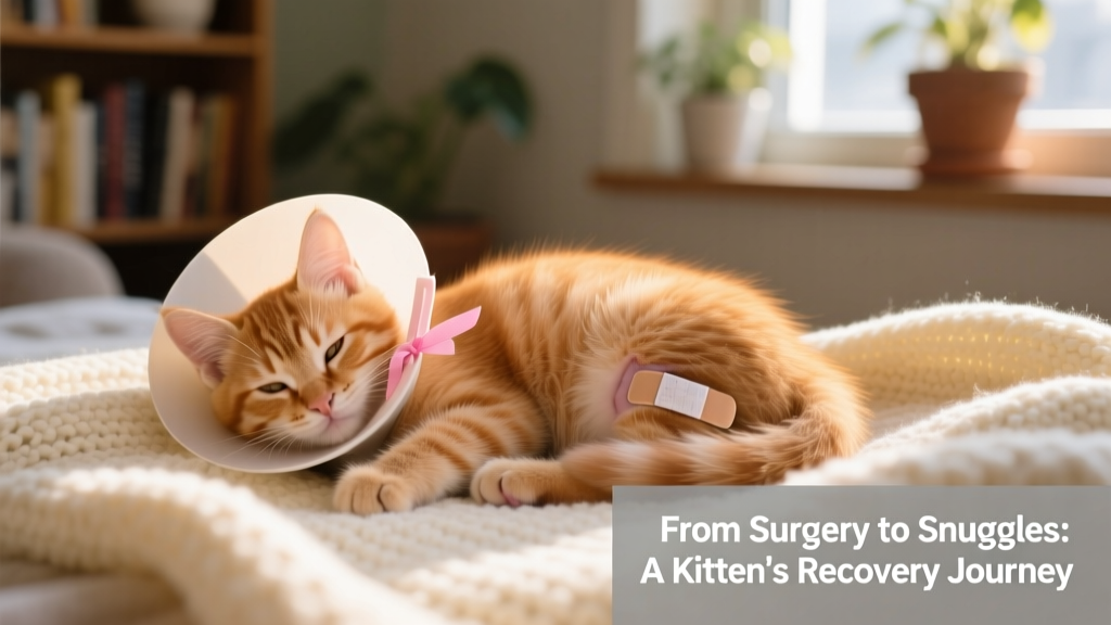 Kitten resting peacefully on a cozy blanket, wearing a soft recovery collar, with a small bandaged incision visible on her abdomen
