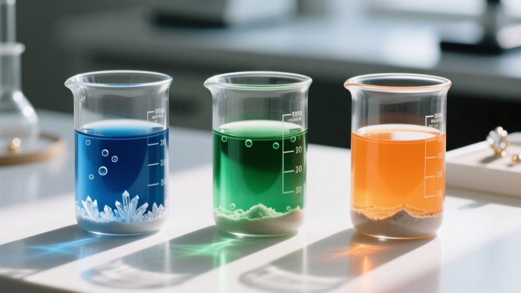 Jeweler workbench showing three glass beakers of cleaning solutions, highlighting color separation and sediment at the bottom
