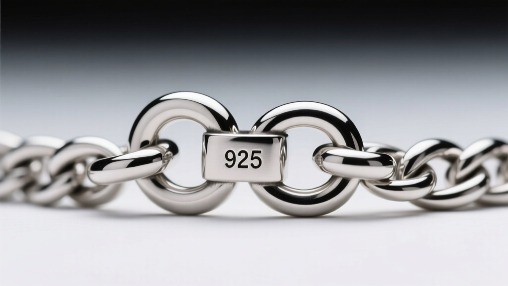 Extreme close-up of a 14-gauge sterling silver wheat chain lobster clasp stamped with a 925 hallmark under soft studio lighting.