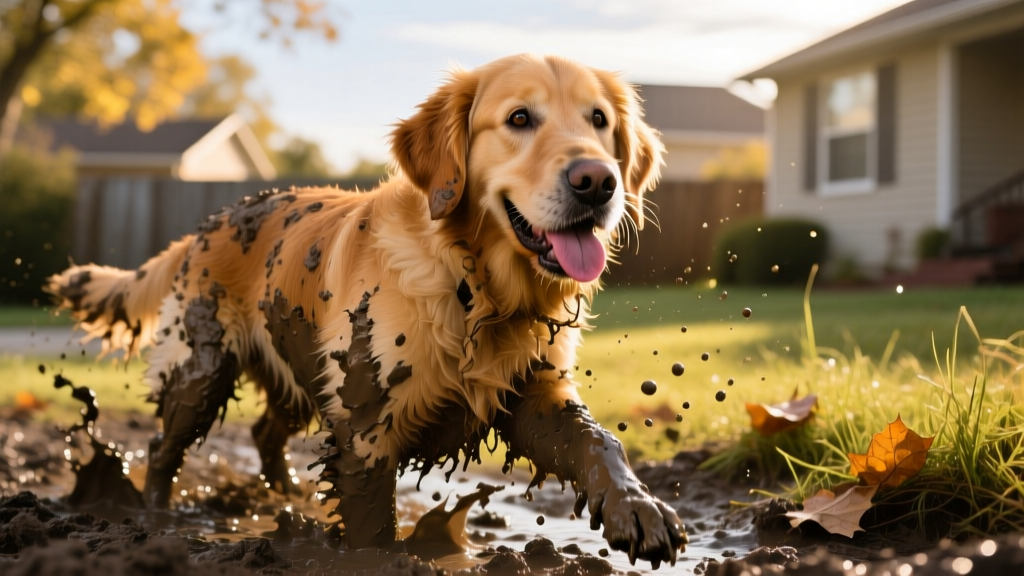 Bruno the Golden Retriever Is Almost Unrecognizable After Playing in the Mud