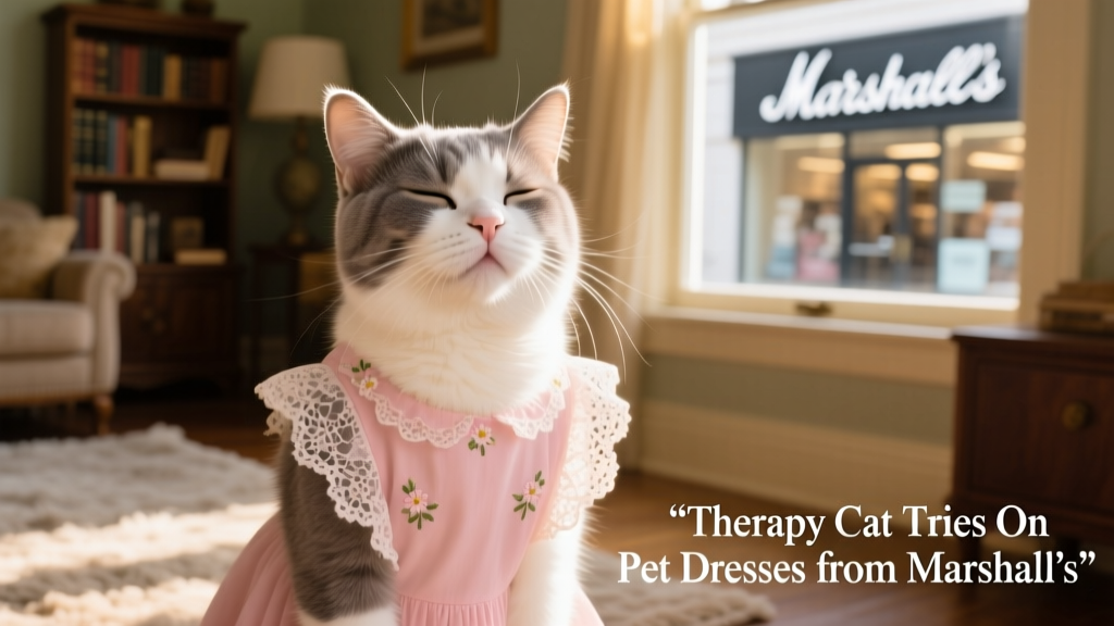 Close-up of Summer’s face mid-purr, wearing a lace-trimmed dress with tiny floral accents