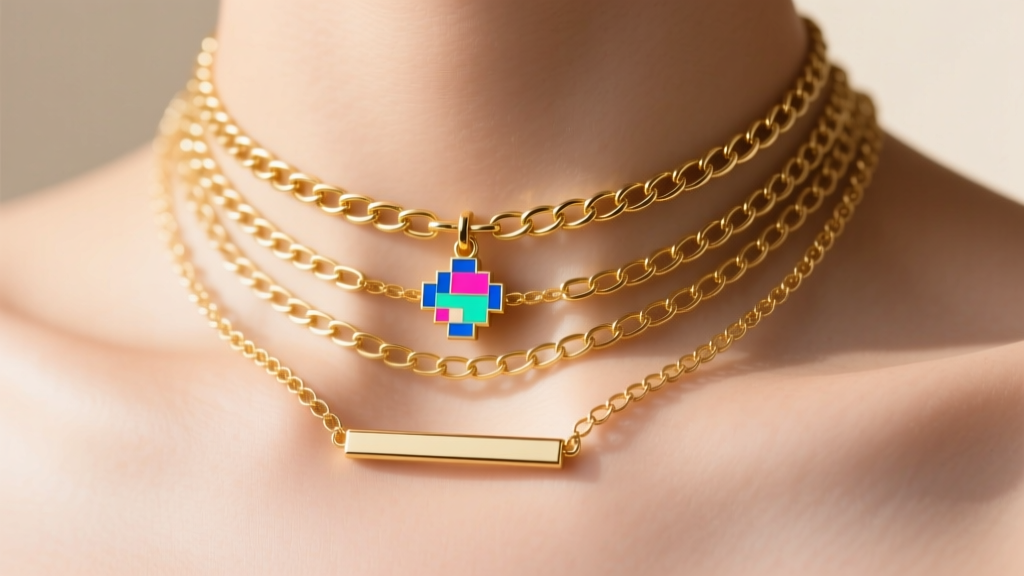 Collarbone shot of a layered gold chain stack featuring a simple bar pendant and a small, colorful enamel pixel-art charm.
