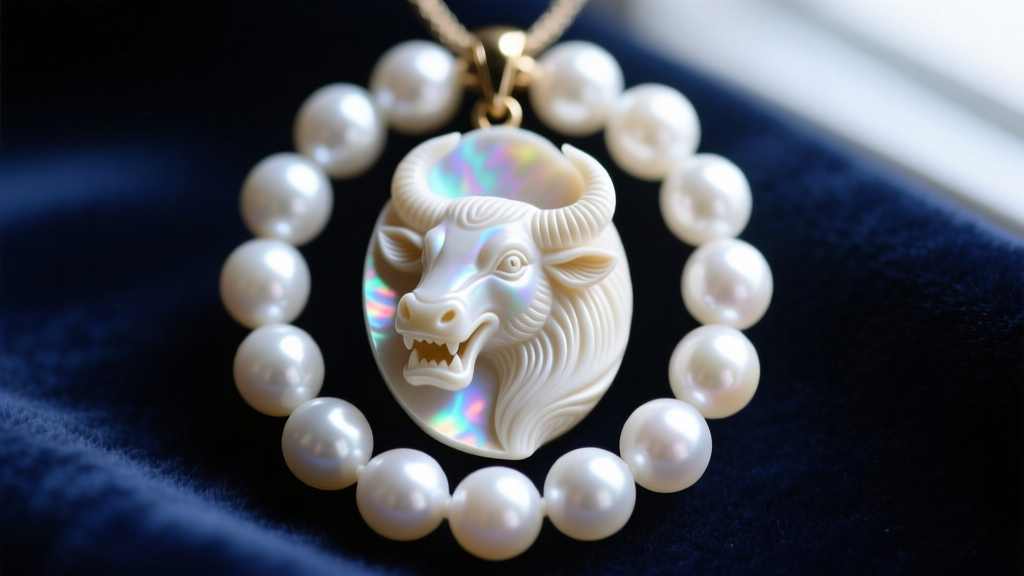 Macro shot of a hand-carved bullmouth shell cameo pendant surrounded by a halo of lustrous white Akoya cultured pearls on velvet