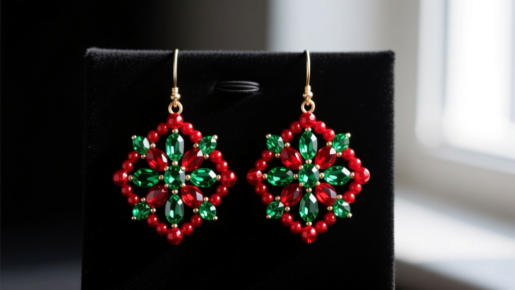 Macro photography of intricate beaded christmas earrings with red Czech glass and green crystals on dark velvet, softly lit