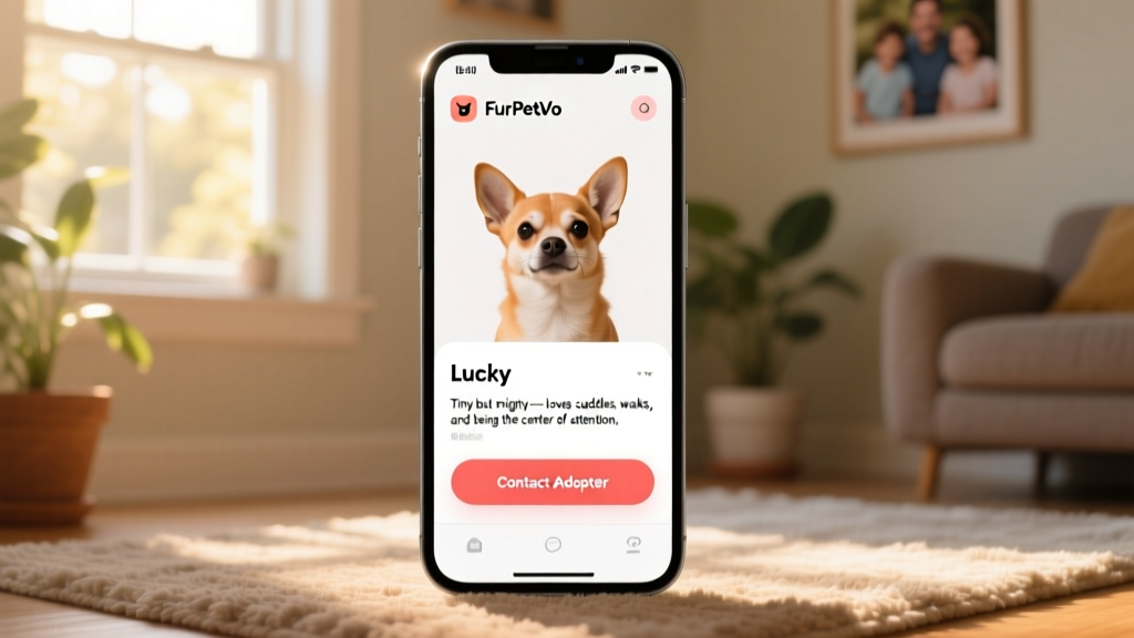 Screenshot-style mockup showing a well-designed FurPetVo pet profile with photos, bio, and 'Contact Adopter' button