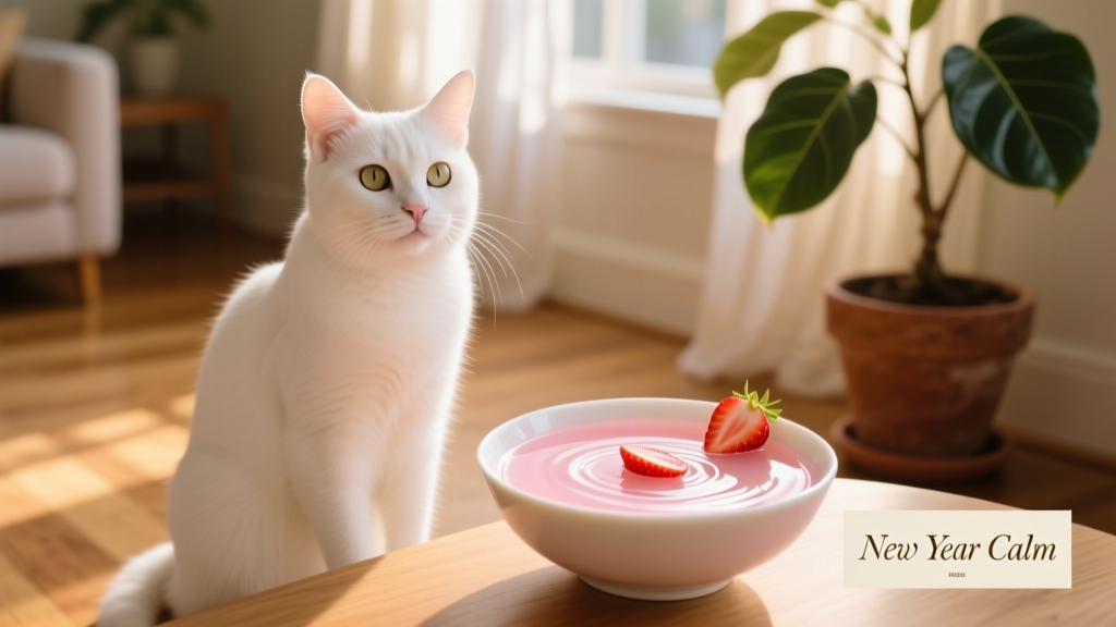A cheerful cat sitting beside a small, pastel-pink bowl of liquid with a few strawberry slices floating on top