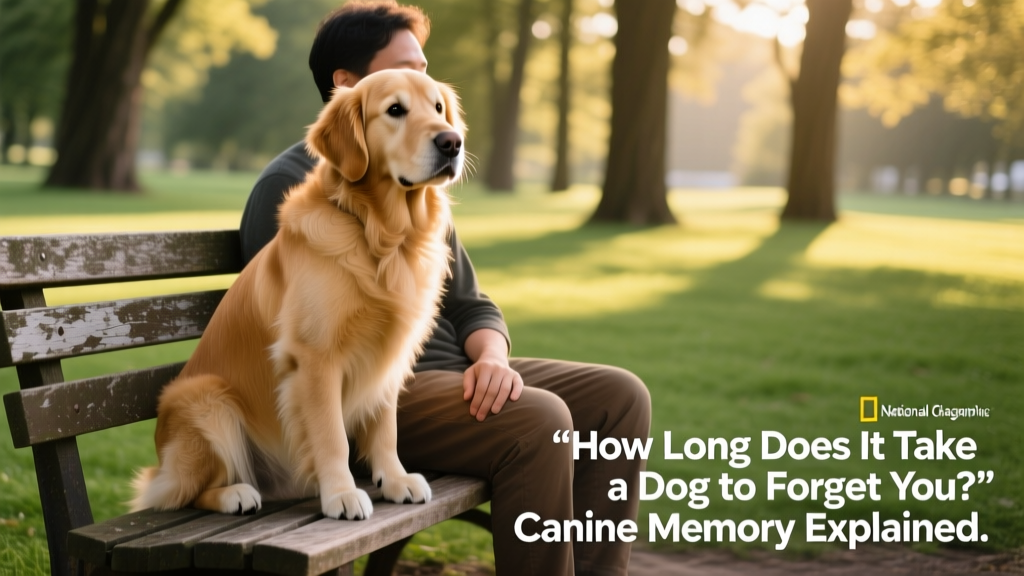 A golden retriever sitting attentively beside its owner on a grassy park bench
