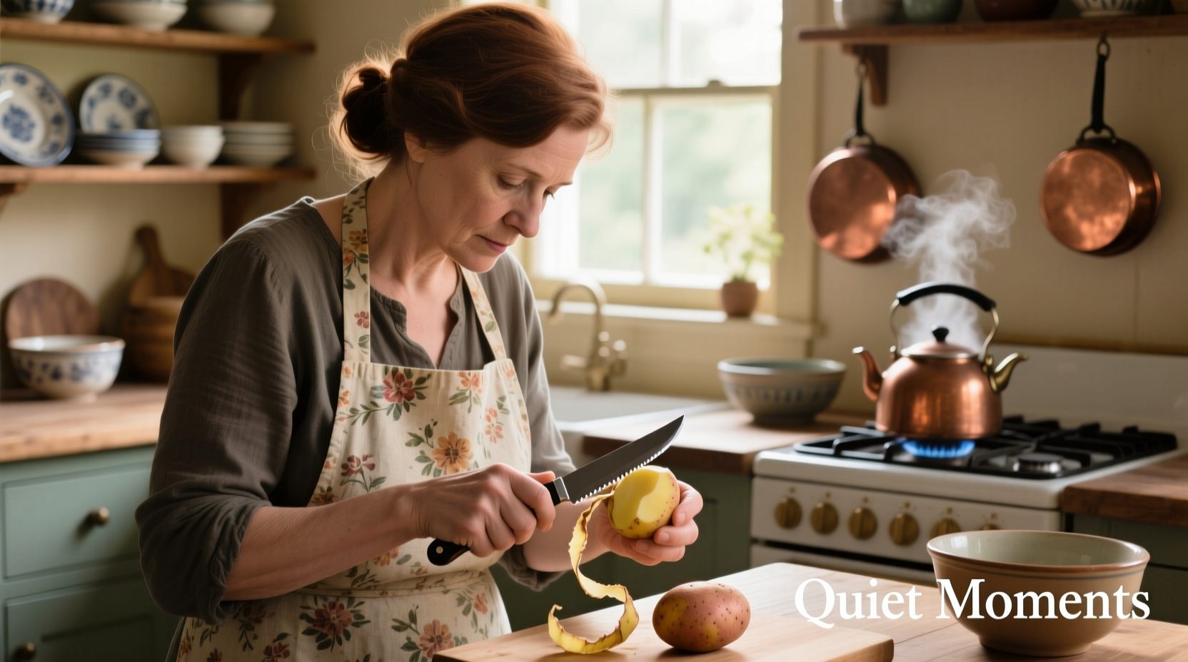 Person thoughtfully peeling a potato with kitchen background