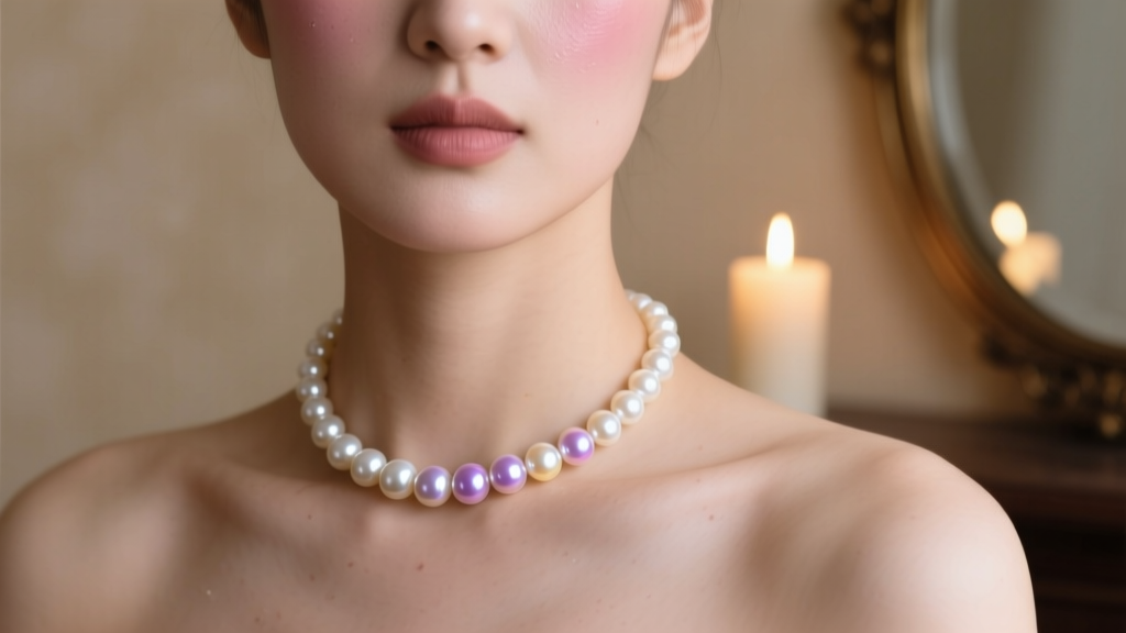 Soft candlelight highlights the mirror luster of an Akoya pearl choker resting against a bare collarbone in a romantic setting