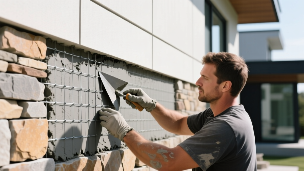 Mason applying gray mortar to wire lath while installing rustic ledgestone veneer panels on a modern exterior facade wall