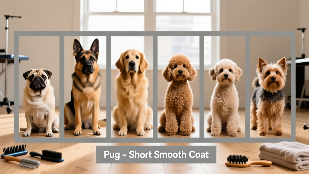 Side-by-side comparison of six common dog coat types: short smooth, short/medium double, long double, curly, wavy, and straight—with labeled examples like Pug, German Shepherd, Golden Retriever, Poodle, Havanese, and Yorkshire Terrier