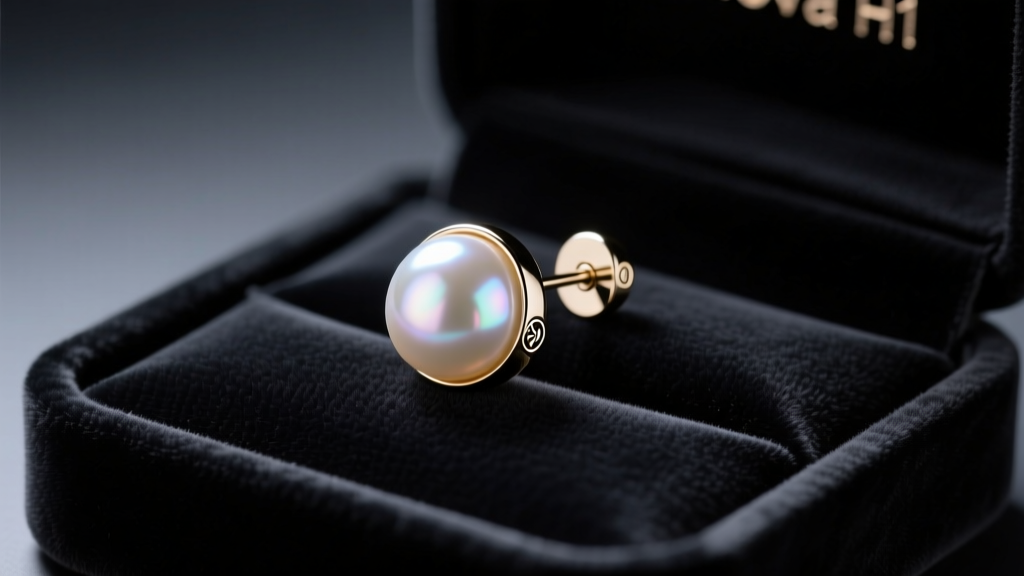 Macro shot of a pearl-styled Nova H1 smart audio earring resting on dark velvet jewelry tray with soft, moody studio lighting accents