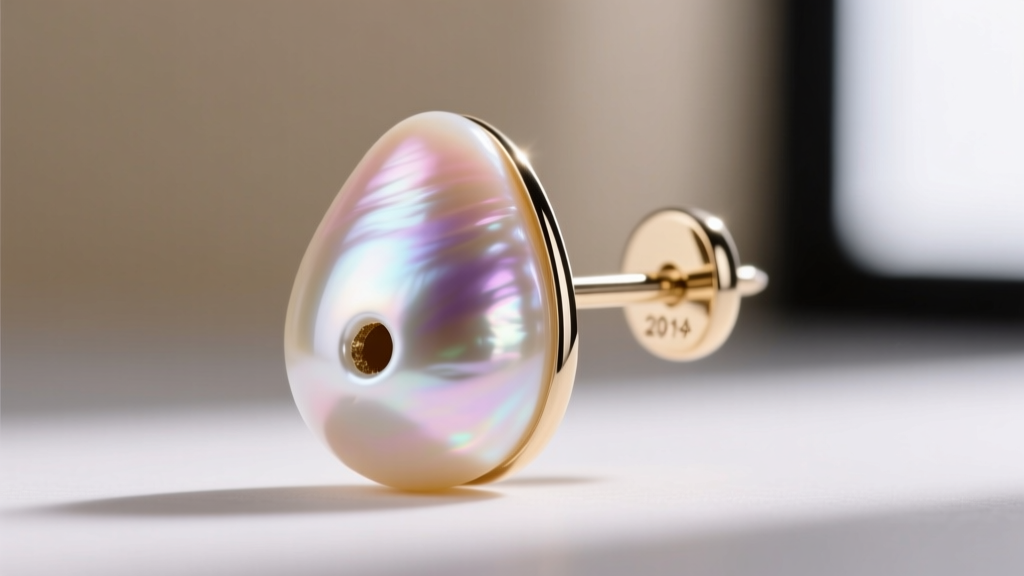 Close-up of a half-drilled tear drop pearl being mounted onto a 20-gauge 14k white gold earring post on a jeweler's workbench