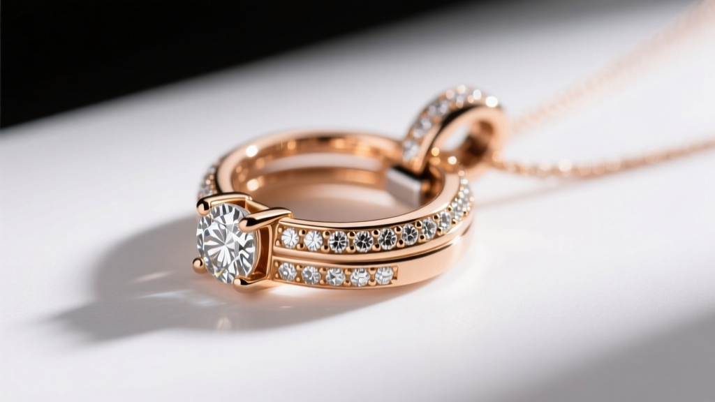 Macro shot of a modular 18k rose gold pendant with a hidden magnetic clasp, revealing intricate micro-pavé diamond hinge details.