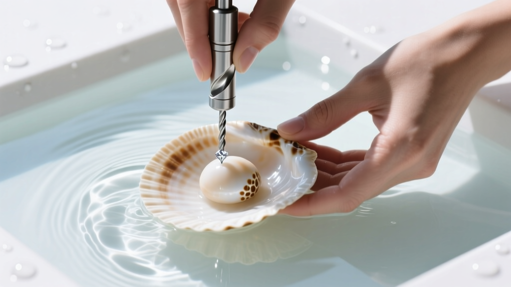 Overhead view of hands submerging a puka shell in a water bath while drilling with a 1mm diamond core bit under bright lighting