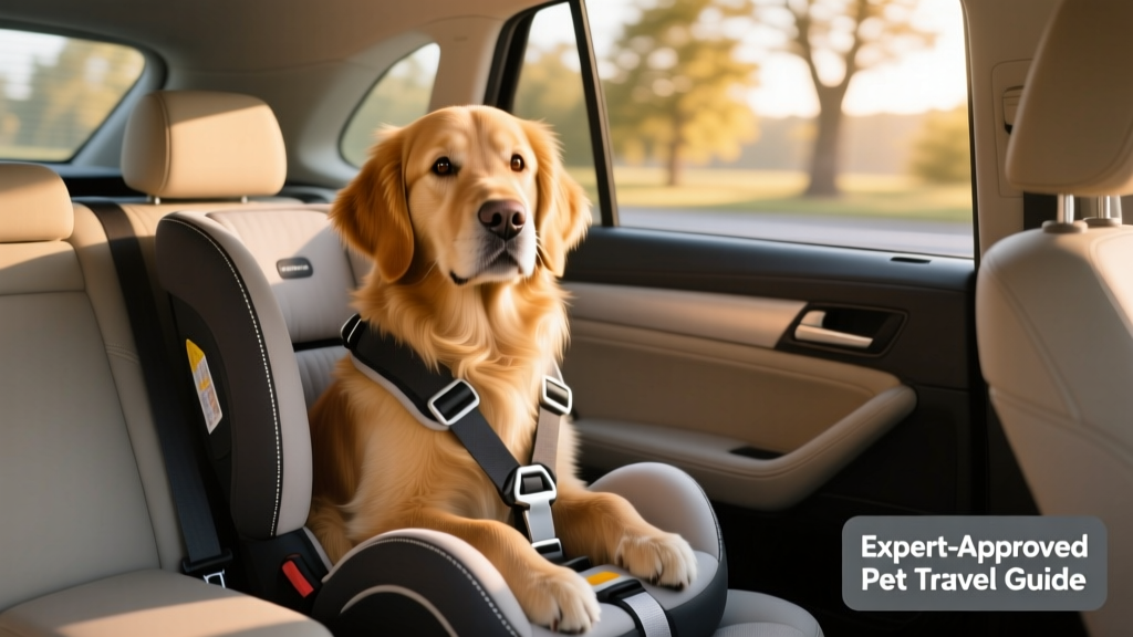 A dog comfortably seated in a properly fitted car booster seat, wearing a safety harness, looking alert and relaxed during a road trip