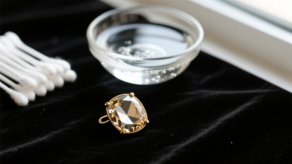Overhead view of a tarnished brass rhinestone brooch on dark velvet, beside cotton swabs and a glass bowl of soapy water.