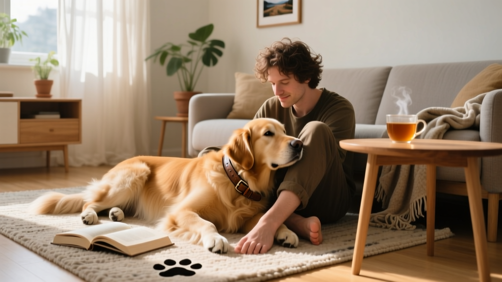 A relaxed dog resting beside their person on a cozy living room floor