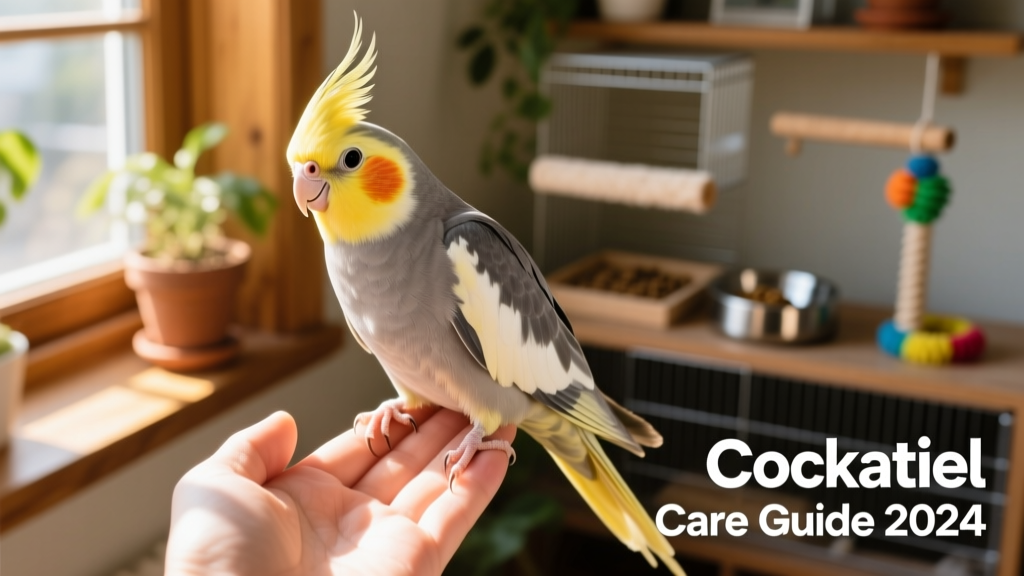 A friendly cockatiel perched on a hand, looking alert and calm