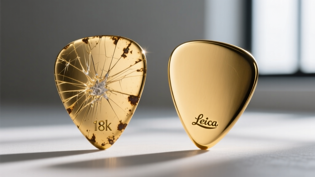 Macro view of a scratched 18k gold plectrum next to a pristine 14k plectrum, showing differences in alloy scratch resistance.