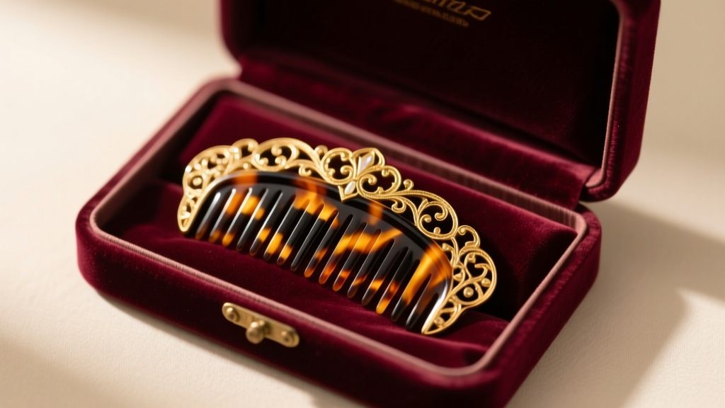 Antique Victorian tortoiseshell hair comb with gold pique inlay, resting on an open velvet jewelry box, soft directional light