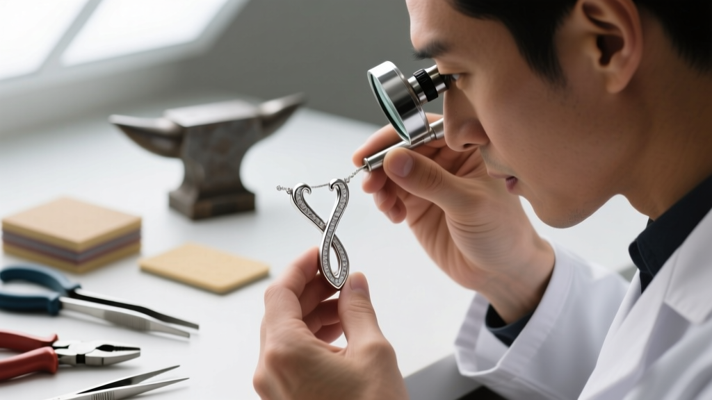 Jeweler inspecting a platinum wishbone pendant V-junction with a loupe, metalworking tools softly blurred in the background.