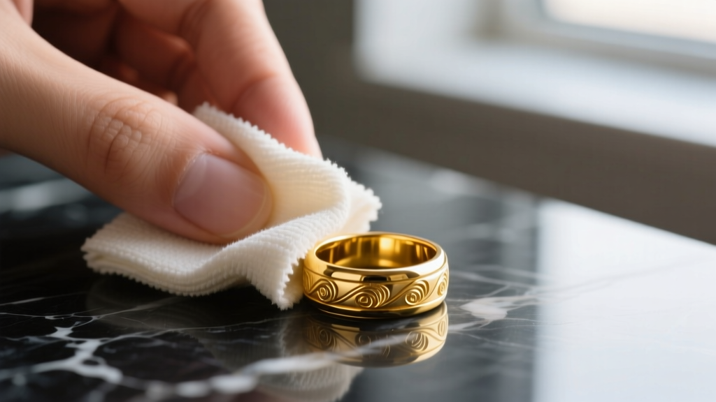 Hand using a microfiber cloth to dry an 18k yellow gold signet ring after ultrasonic cleaning, set against a dark marble surface.