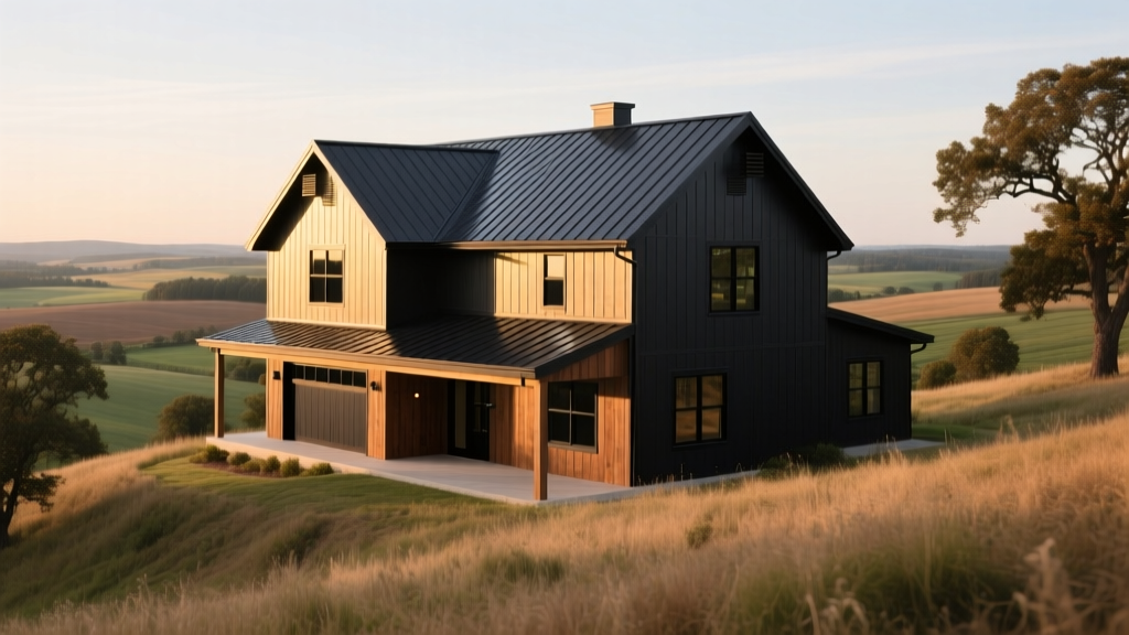 Completed two-story barndominium with charcoal metal roof, board-and-batten siding, and black-framed windows set against a rural landscape