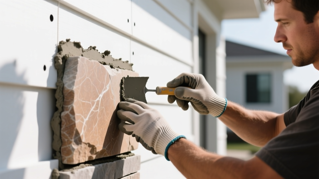Mason applying Type N mortar to a cut limestone veneer stone before pressing it onto a weather-resistive barrier covered exterior wall