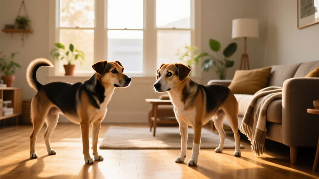 Two dogs standing apart in the same living room, visibly tense but not engaged in aggression