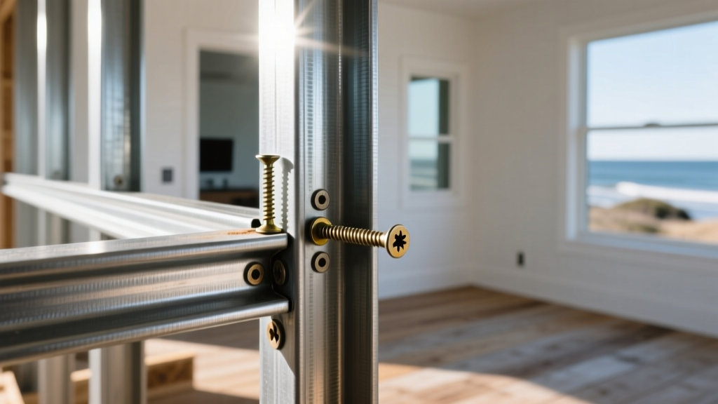 Close-up of galvanized steel home framing studs with zinc coating being assembled with corrosion-resistant screws in a coastal house