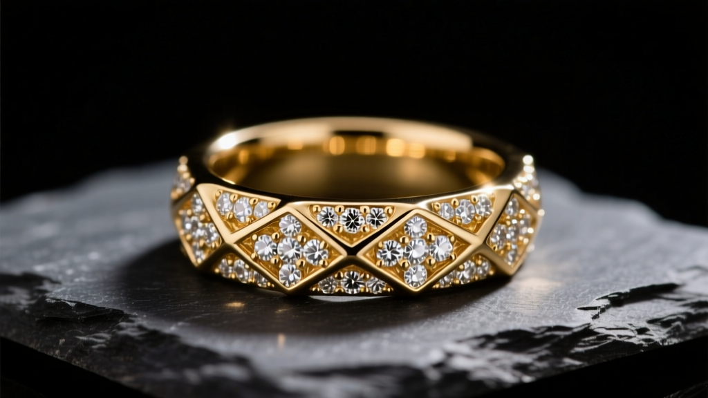 Close-up of an 18k gold designer diamond pavé ring resting on dark slate, illuminated by soft directional studio lighting